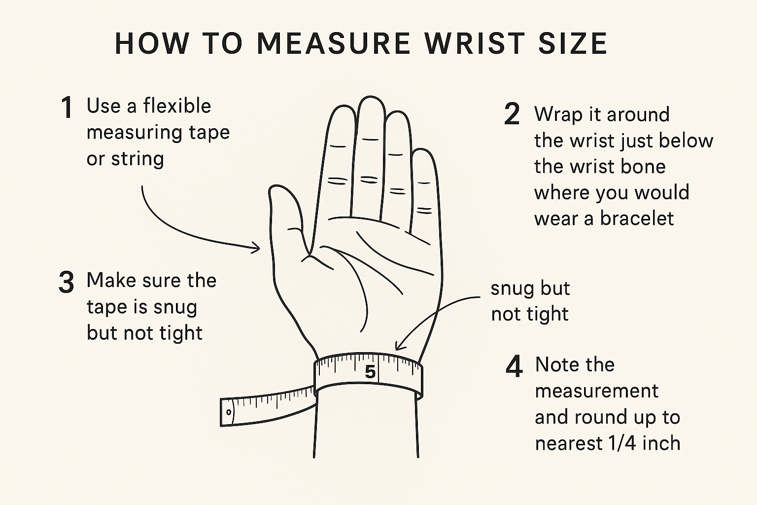 you have two step 3. make step 4. Measurement should be in inches and round up to the nearest 1/4" - Example:  for example if your wrist is 6 7/8 round up to 7 inches.